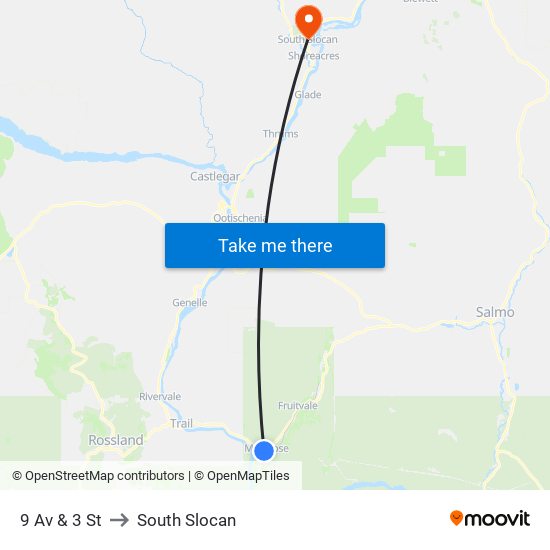 9 Av & 3 St to South Slocan map