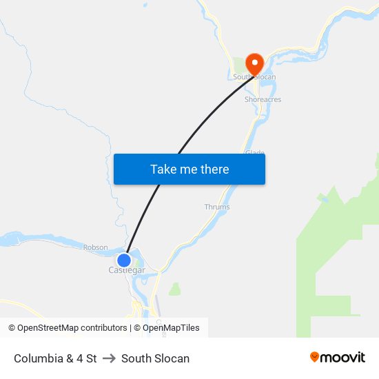 Columbia & 4 St to South Slocan map
