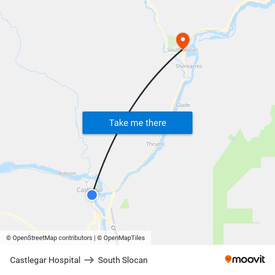 Castlegar Hospital to South Slocan map