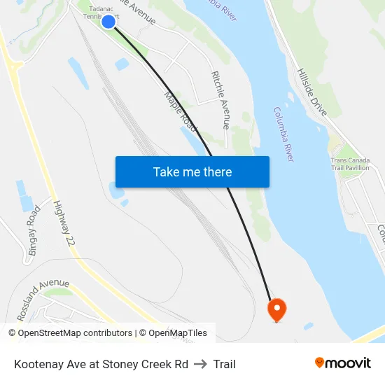 Kootenay Ave at Stoney Creek Rd to Trail map