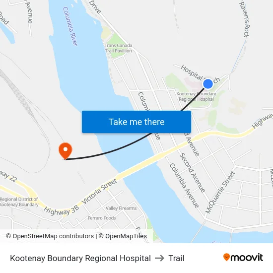 Kootenay Boundary Regional Hospital to Trail map