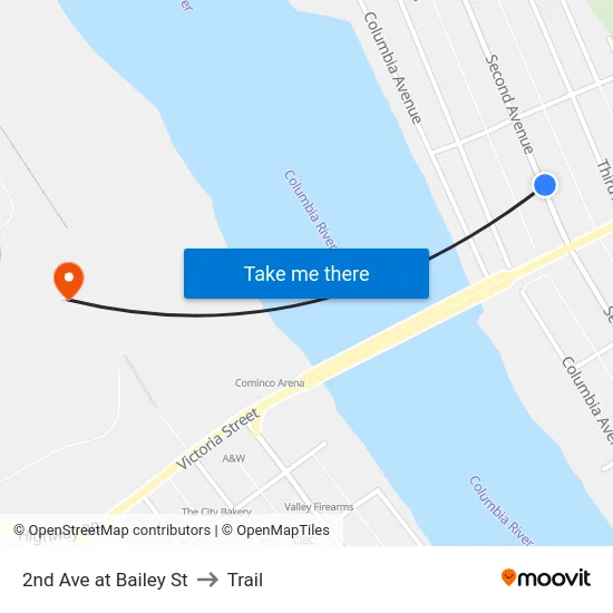 2nd Ave at Bailey St to Trail map