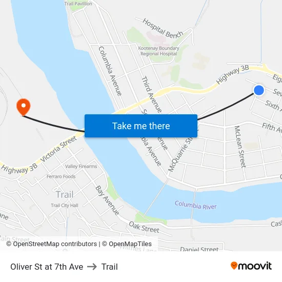 Oliver St at 7th Ave to Trail map