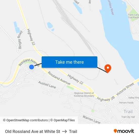 Old Rossland Ave at White St to Trail map