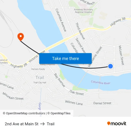 2nd Ave at Main St to Trail map