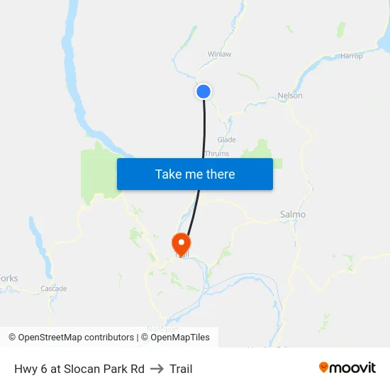 Hwy 6 at Slocan Park Rd to Trail map