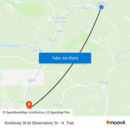 Kootenay St at Observatory St to Trail map