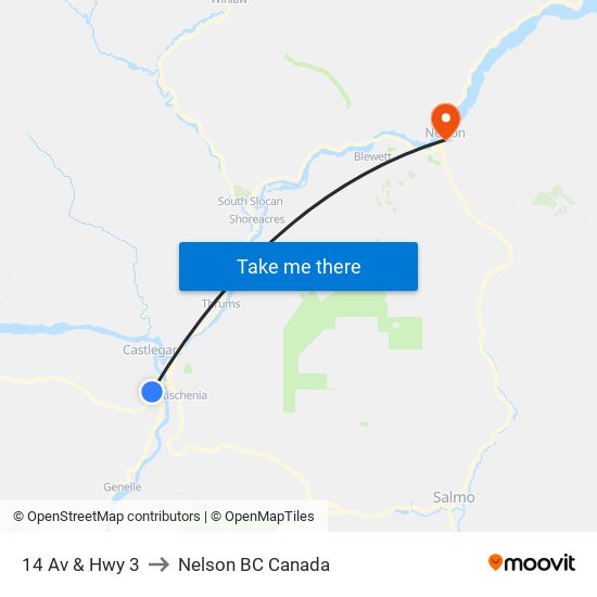 14 Av & Hwy 3 to Nelson BC Canada map