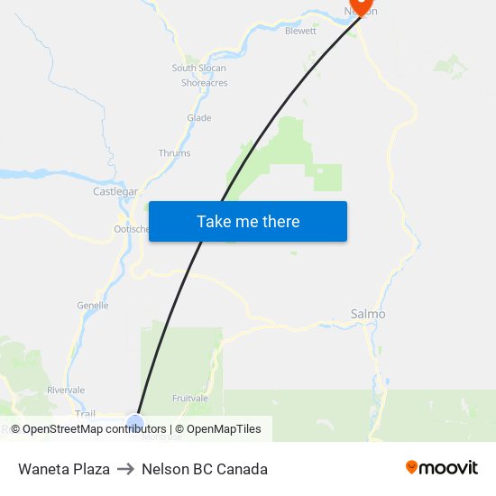 Waneta Plaza to Nelson BC Canada map