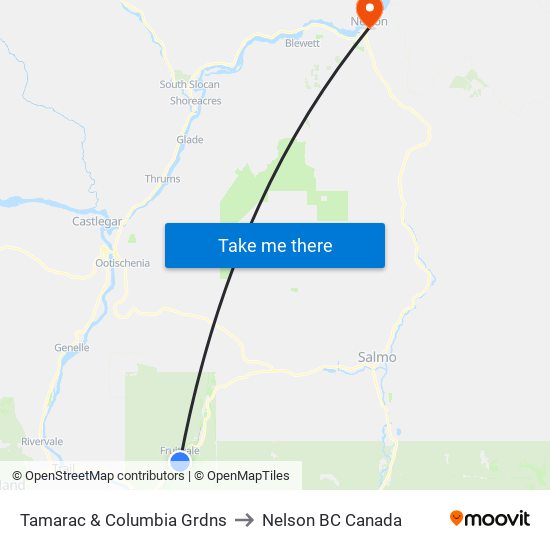 Tamarac & Columbia Grdns to Nelson BC Canada map