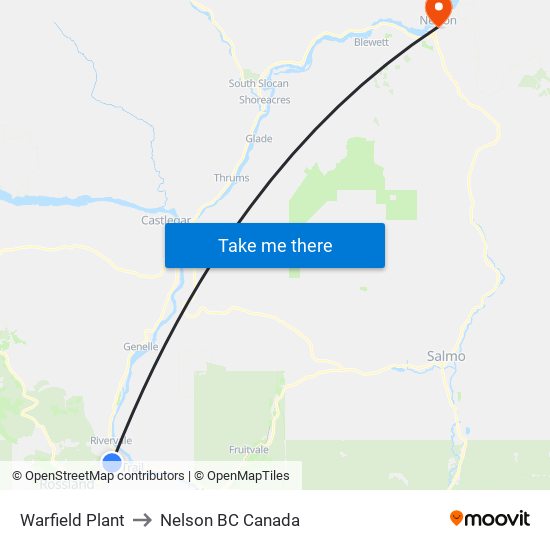 Warfield Plant to Nelson BC Canada map