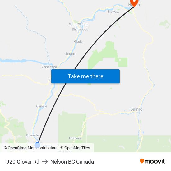 920 Glover Rd to Nelson BC Canada map