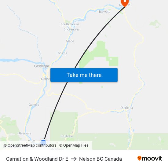 Carnation & Woodland Dr E to Nelson BC Canada map