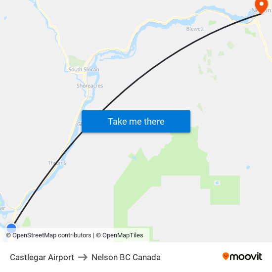 Castlegar Airport to Nelson BC Canada map