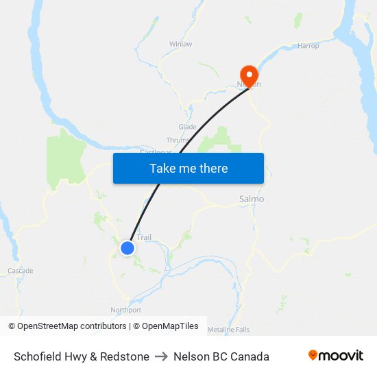 Schofield Hwy & Redstone to Nelson BC Canada map