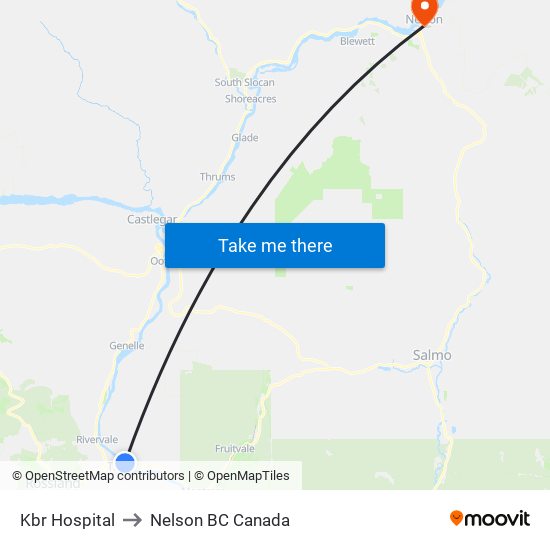 Kbr Hospital to Nelson BC Canada map