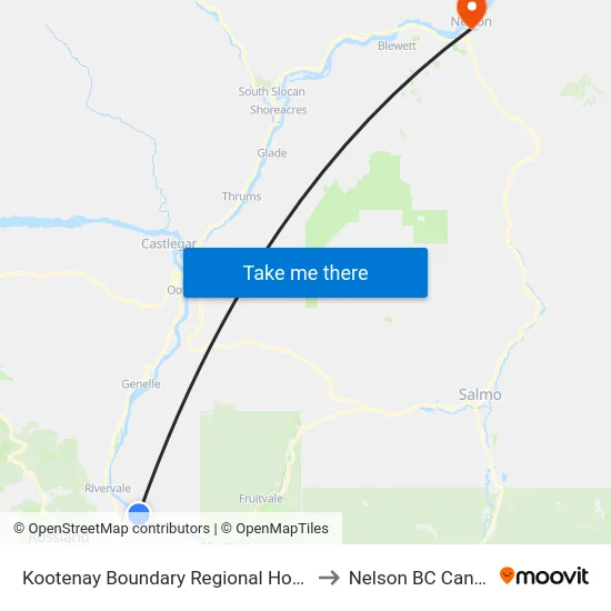 Kootenay Boundary Regional Hospital to Nelson BC Canada map