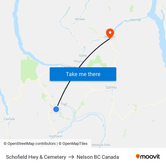 Schofield Hwy & Cemetery to Nelson BC Canada map