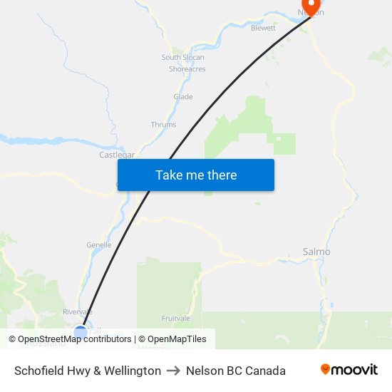 Schofield Hwy & Wellington to Nelson BC Canada map