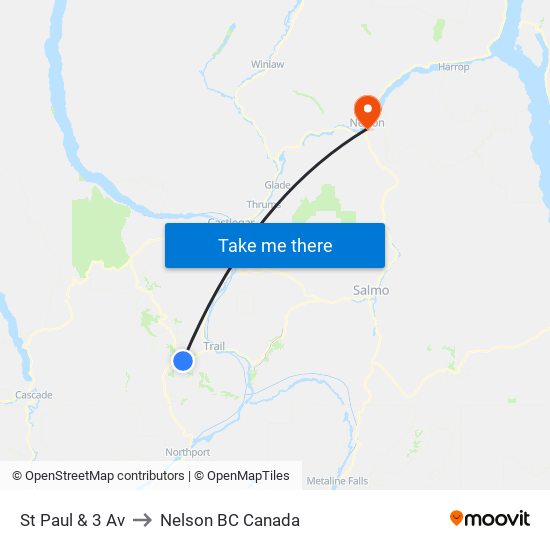 St Paul & 3 Av to Nelson BC Canada map