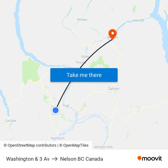 Washington & 3 Av to Nelson BC Canada map