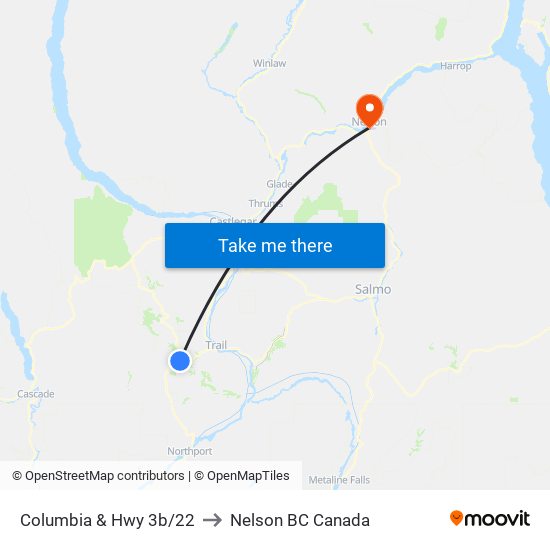 Columbia & Hwy 3b/22 to Nelson BC Canada map