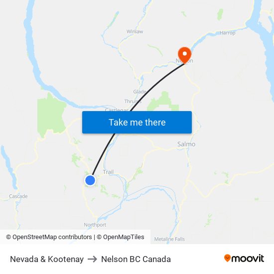 Nevada & Kootenay to Nelson BC Canada map