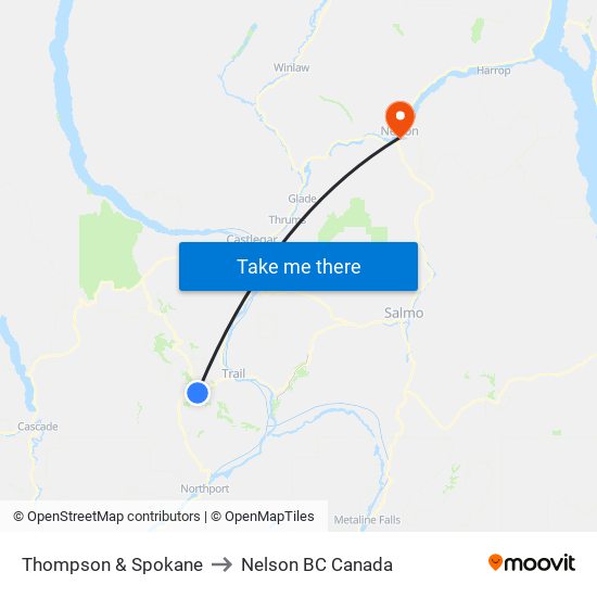 Thompson & Spokane to Nelson BC Canada map