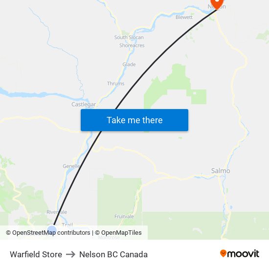 Warfield Store to Nelson BC Canada map