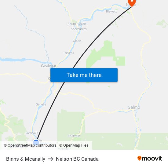 Binns & Mcanally to Nelson BC Canada map