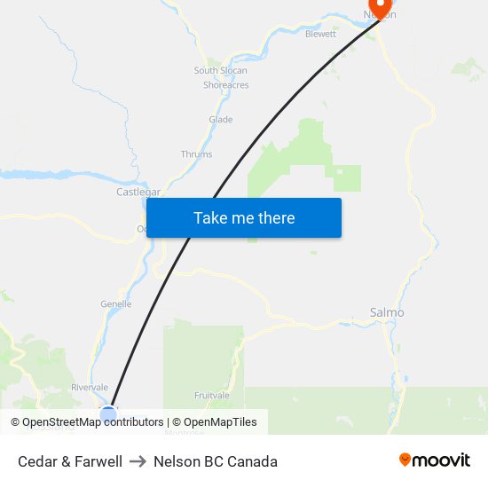 Cedar & Farwell to Nelson BC Canada map