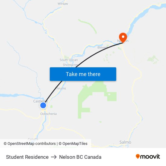 Student Residence to Nelson BC Canada map