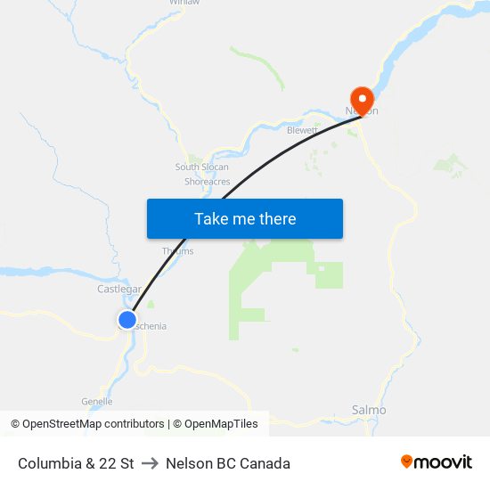 Columbia & 22 St to Nelson BC Canada map