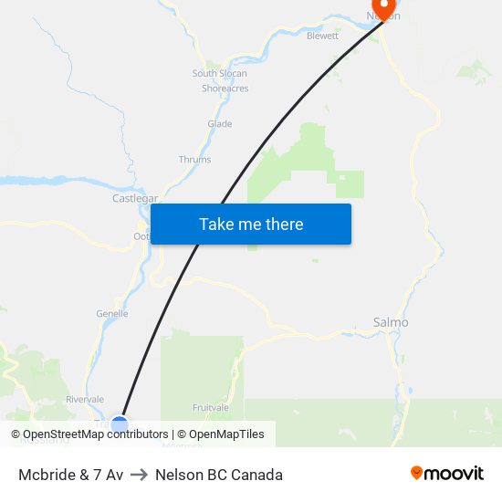 Mcbride & 7 Av to Nelson BC Canada map