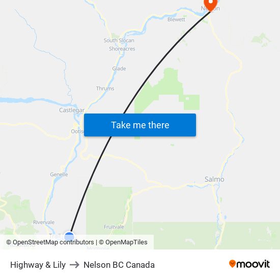 Highway & Lily to Nelson BC Canada map