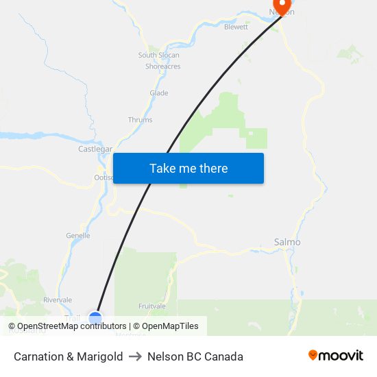 Carnation & Marigold to Nelson BC Canada map