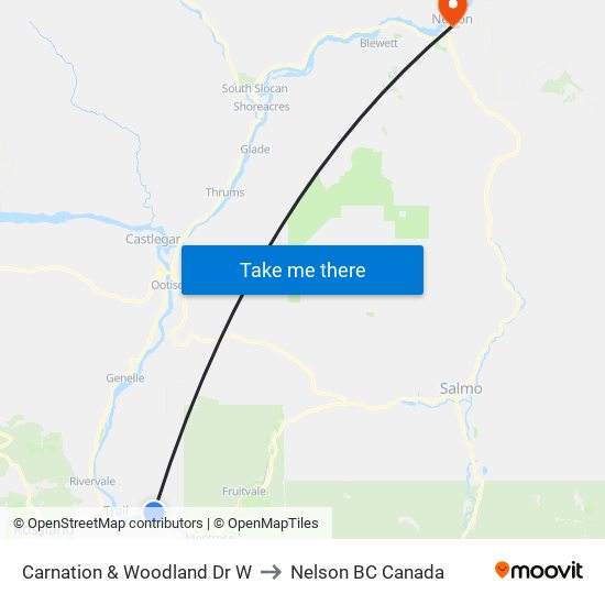 Carnation & Woodland Dr W to Nelson BC Canada map