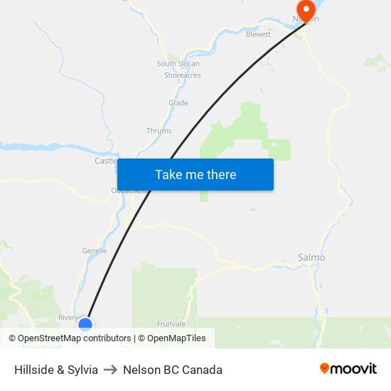 Hillside & Sylvia to Nelson BC Canada map