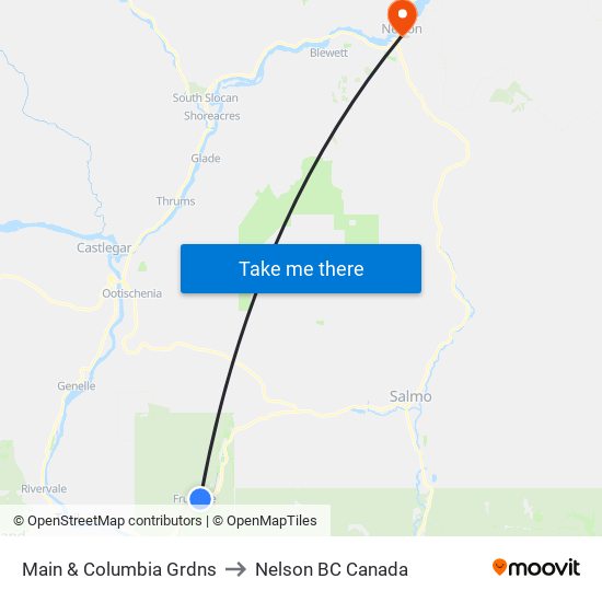 Main & Columbia Grdns to Nelson BC Canada map