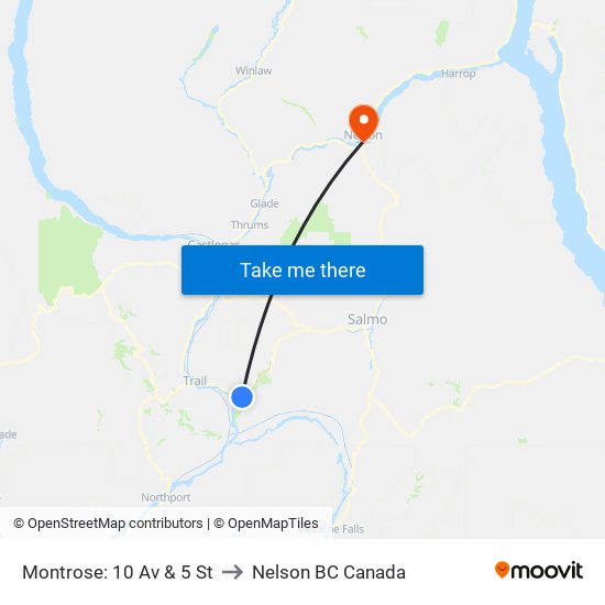 Montrose: 10 Av & 5 St to Nelson BC Canada map