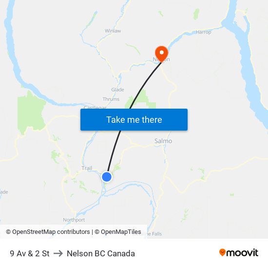 9 Av & 2 St to Nelson BC Canada map