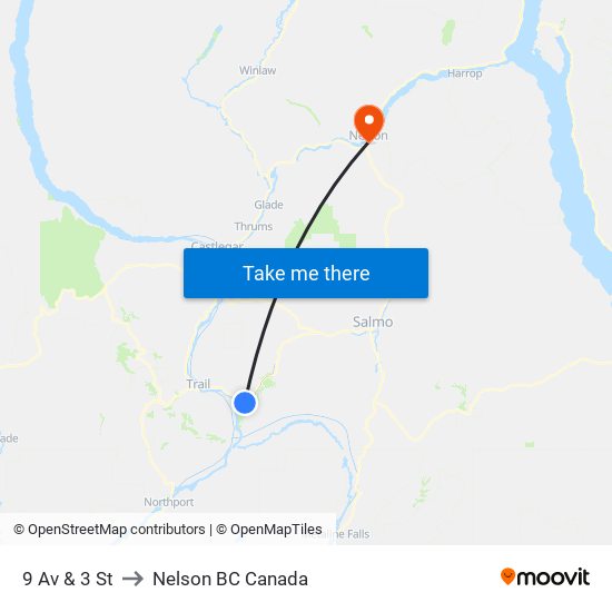 9 Av & 3 St to Nelson BC Canada map