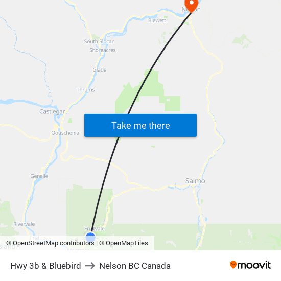 Hwy 3b & Bluebird to Nelson BC Canada map