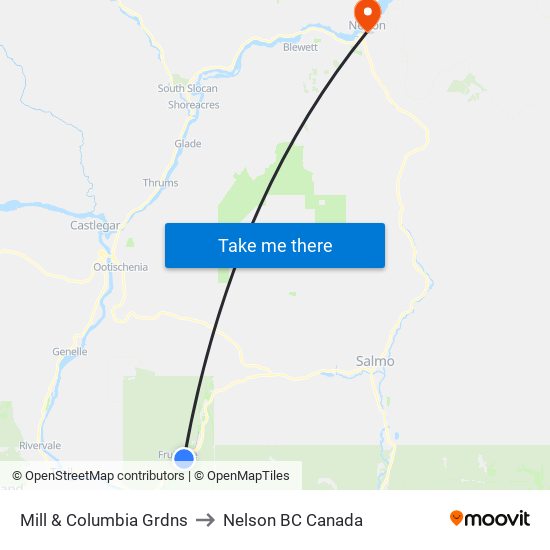 Mill & Columbia Grdns to Nelson BC Canada map