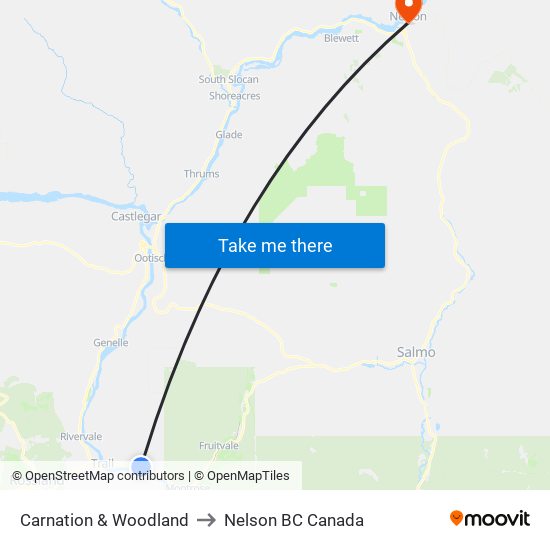 Carnation & Woodland to Nelson BC Canada map