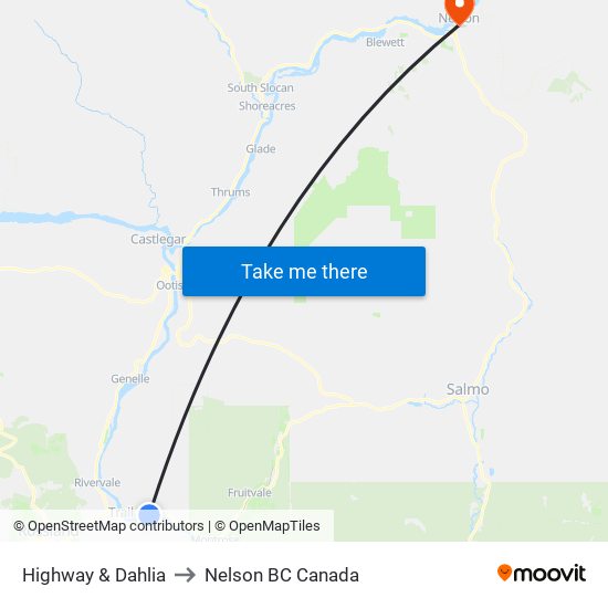 Highway & Dahlia to Nelson BC Canada map