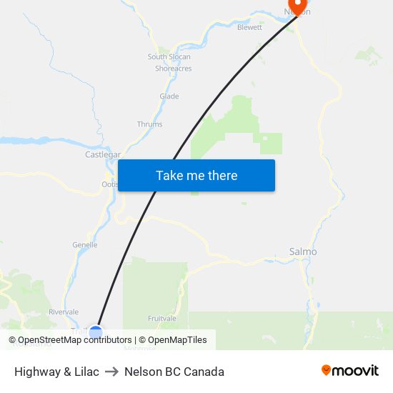 Highway & Lilac to Nelson BC Canada map