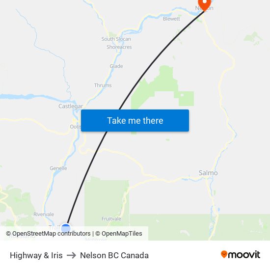 Highway & Iris to Nelson BC Canada map