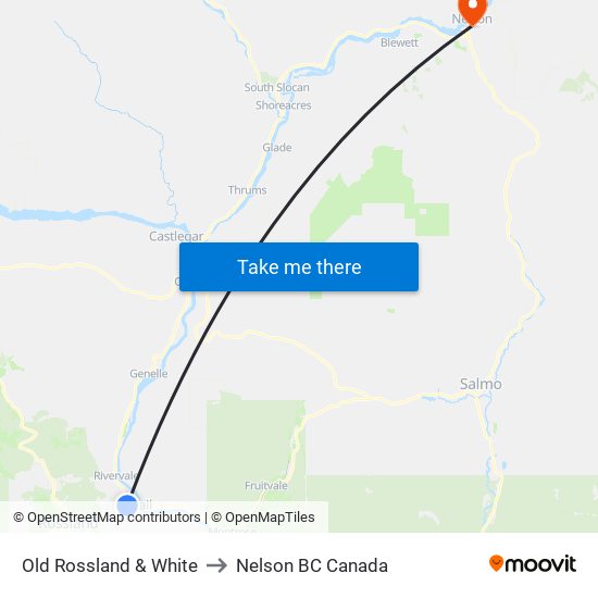 Old Rossland & White to Nelson BC Canada map