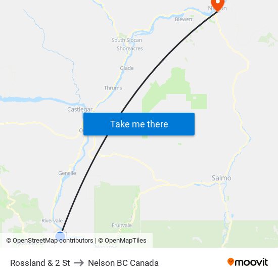 Rossland & 2 St to Nelson BC Canada map